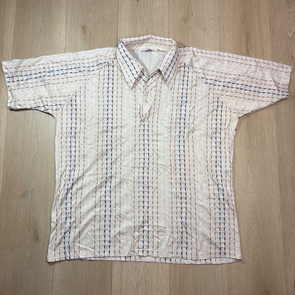 Vintage Lilly Dache Mens XL Polo Shirt Short Sleeve Geometric Grid Tan Navy Blue
